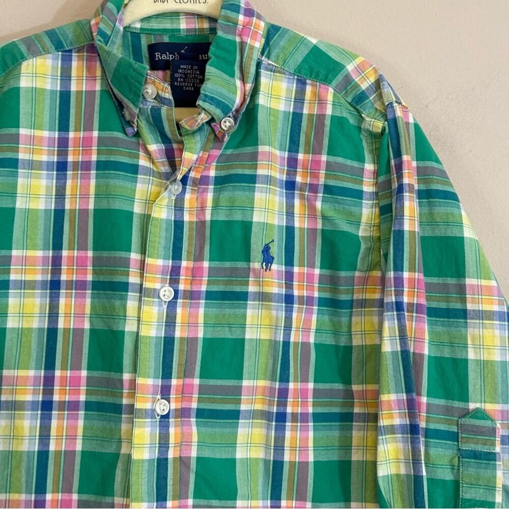 Ralph Lauren Boys Green Pink Plaid Long Sleeve Button Down Shirts Size 4 - Picture 2 of 5
